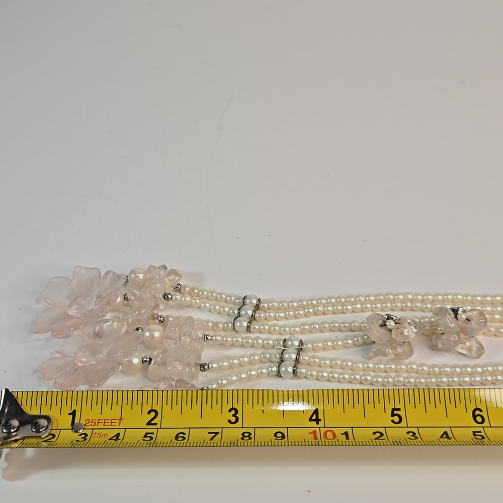 Classic Rose Quartz Stones Pearl Lariat Floral Necklace Earrings Triple Strand - Picture 10 of 15